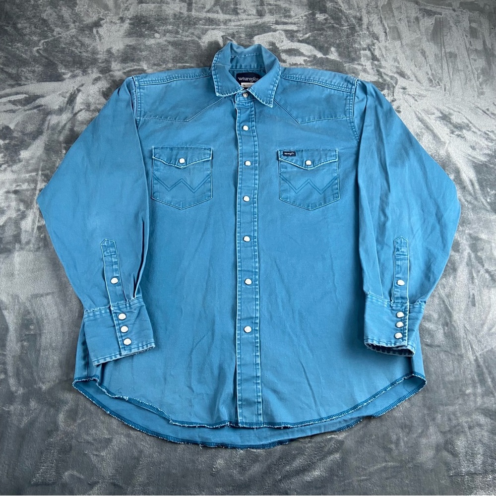 Vintage Wrangler Brushpopper Western Shirt Men's L Teal Blue Pearl Snap Workwear
